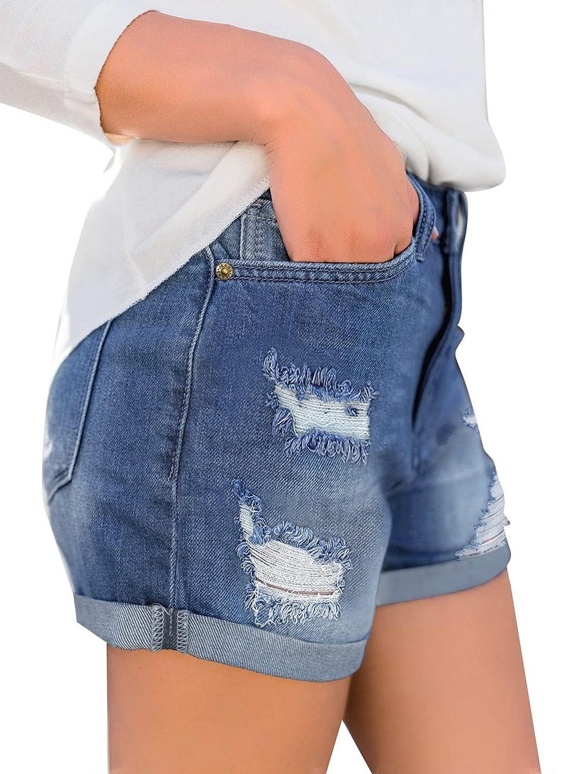 LookbookStore Denim Shorts for Women High Waisted Casual Summer Shorts 3 Inch Inseam 2024 Ripped Folded Hem Distressed Denim Jean Shorts Navy Peony Size M Stretchy Denim Shorts Size 8 Size 10 - Image 3
